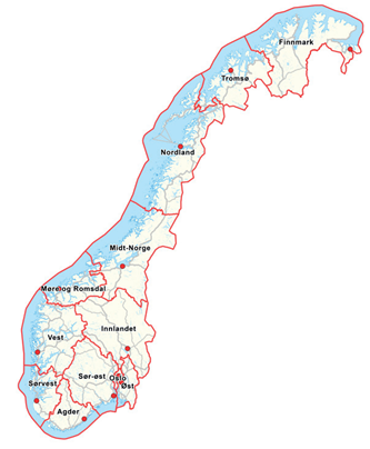 Illustrativt kart over Norge inndelt av røde streker som markerere 110-distriktene